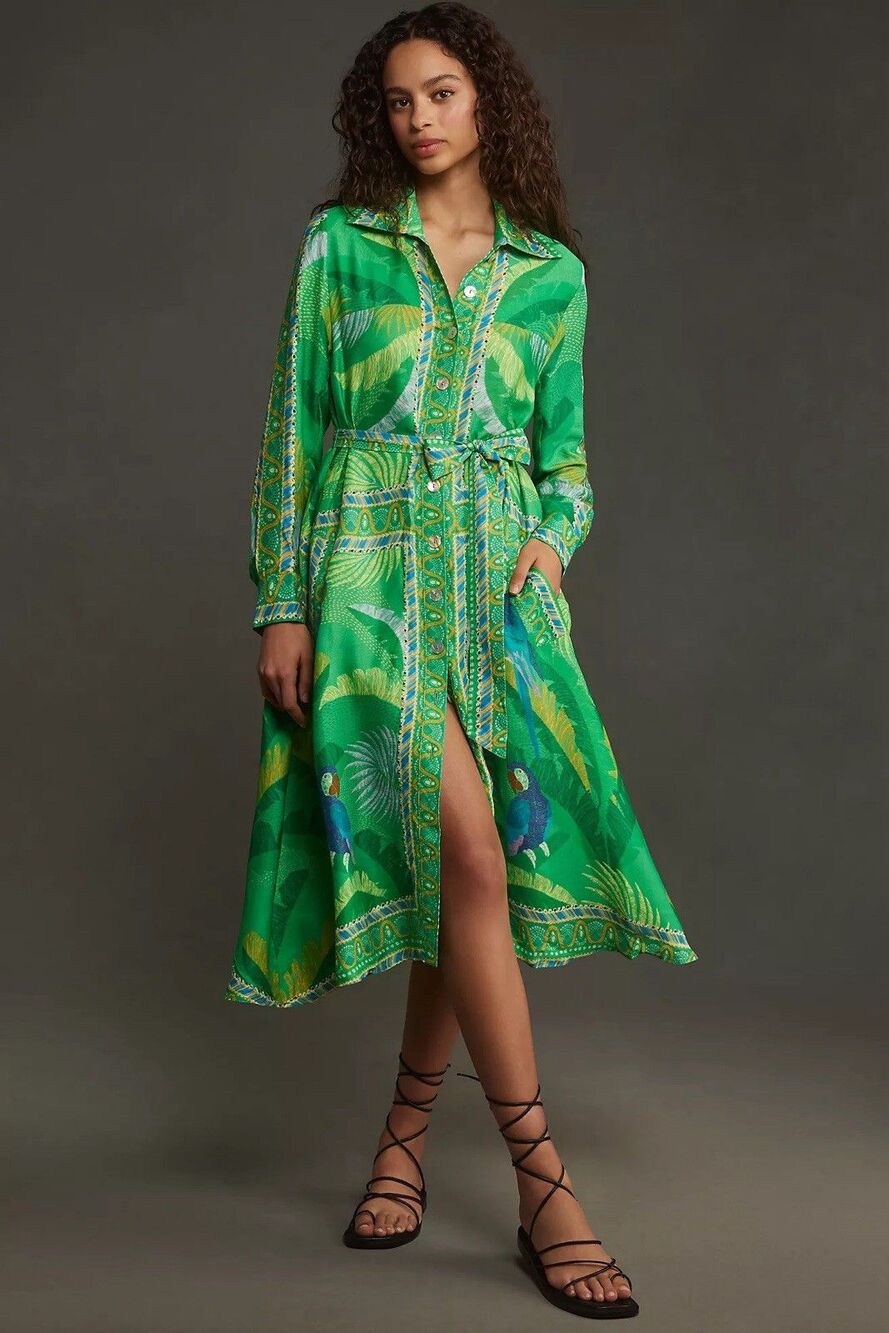 Farm Rio Macaw Scarf Chemise Midi Dress Long Sleeve Anthropologie Green Size S